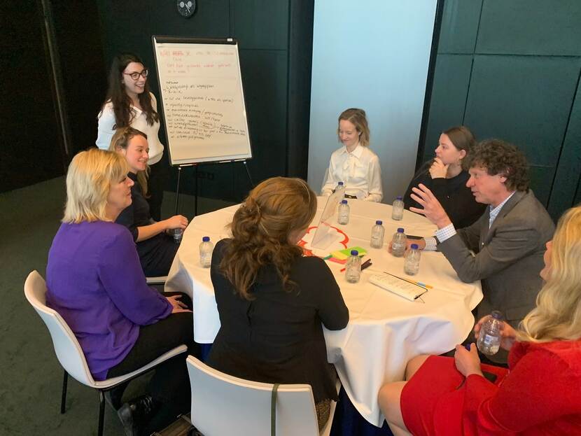 Groepje leveranciers van de leveranciersbijeenkomst op 17 april zitten om een ronde tafel en bespreken wat er op de flipover staat